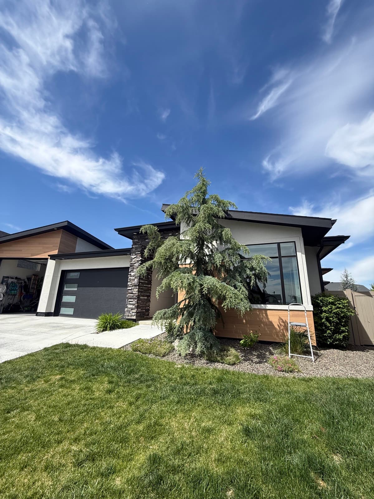 Modern dark home with manicured landscaping