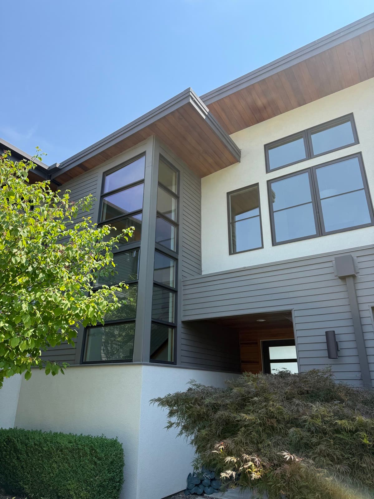 Contemporary stucco-and-wood home with clean windows